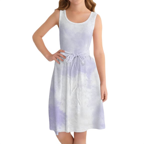 Ruyang Tie-dyed Dresses for Teen Girls Loose Ruffle A Line Sleeveless Sundress Summer Lightweight Casual Vacation Midi Dresses
