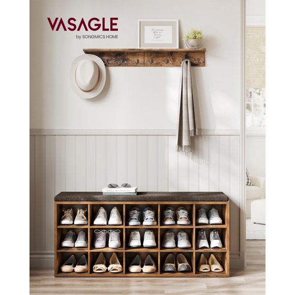 VASAGLE Shoe Bench, Storage Bench, 15 Compartments, Rustic Brown and Brown ULHS15BX