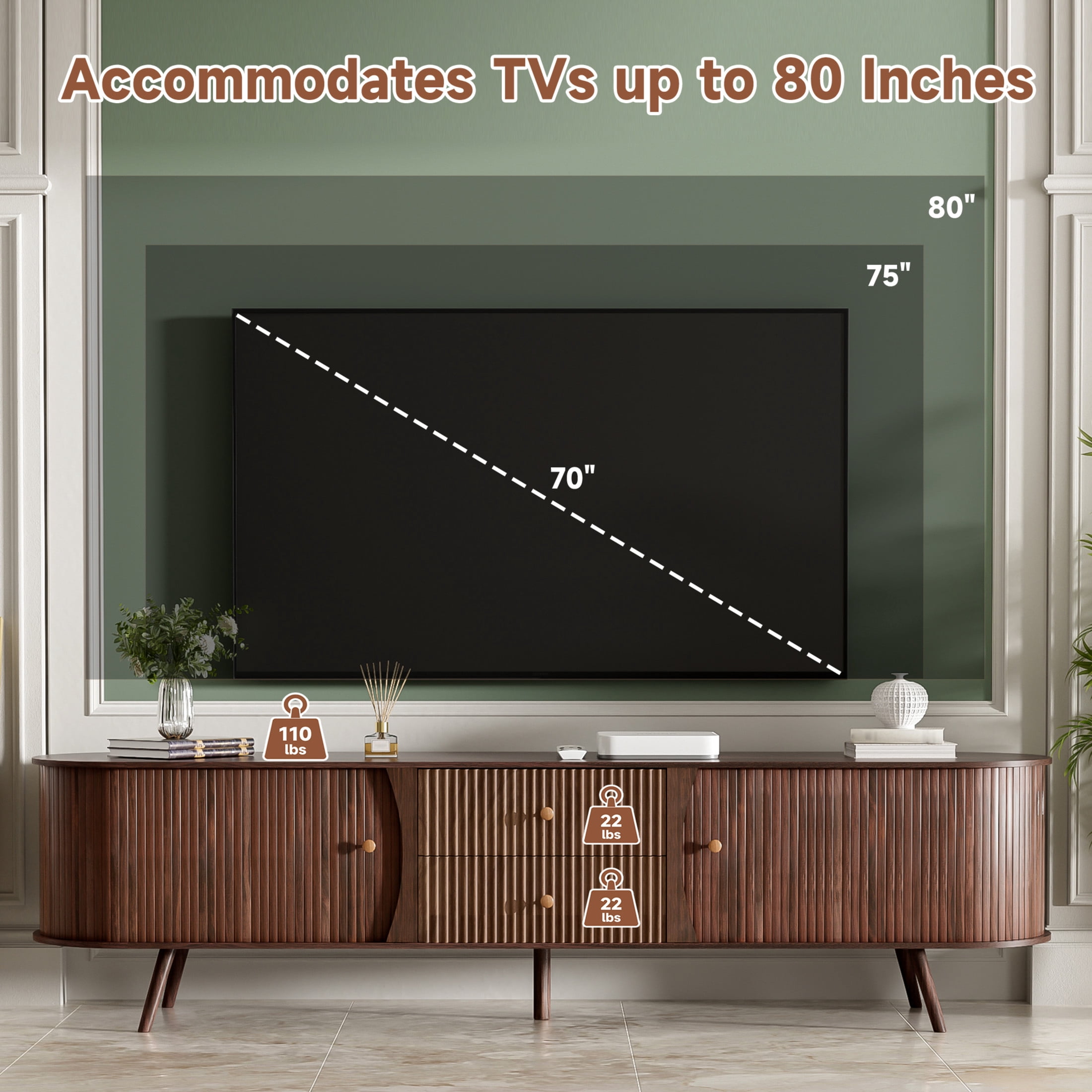 Noble House Mid-Century TV Stand for TVs up to 80" with Tambour Doors and Fluted Drawers, Dark Brown