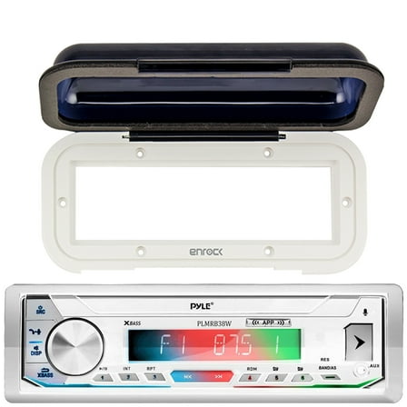 Pyle PLMRB39W LCD Display Single-DIN Marine Bluetooth USB/AUX MP3 Player AM/FM Radio Stereo White Receiver Bundle Combo With Pyle PLMRCW1 Water Resistant White Radio Shield Cover