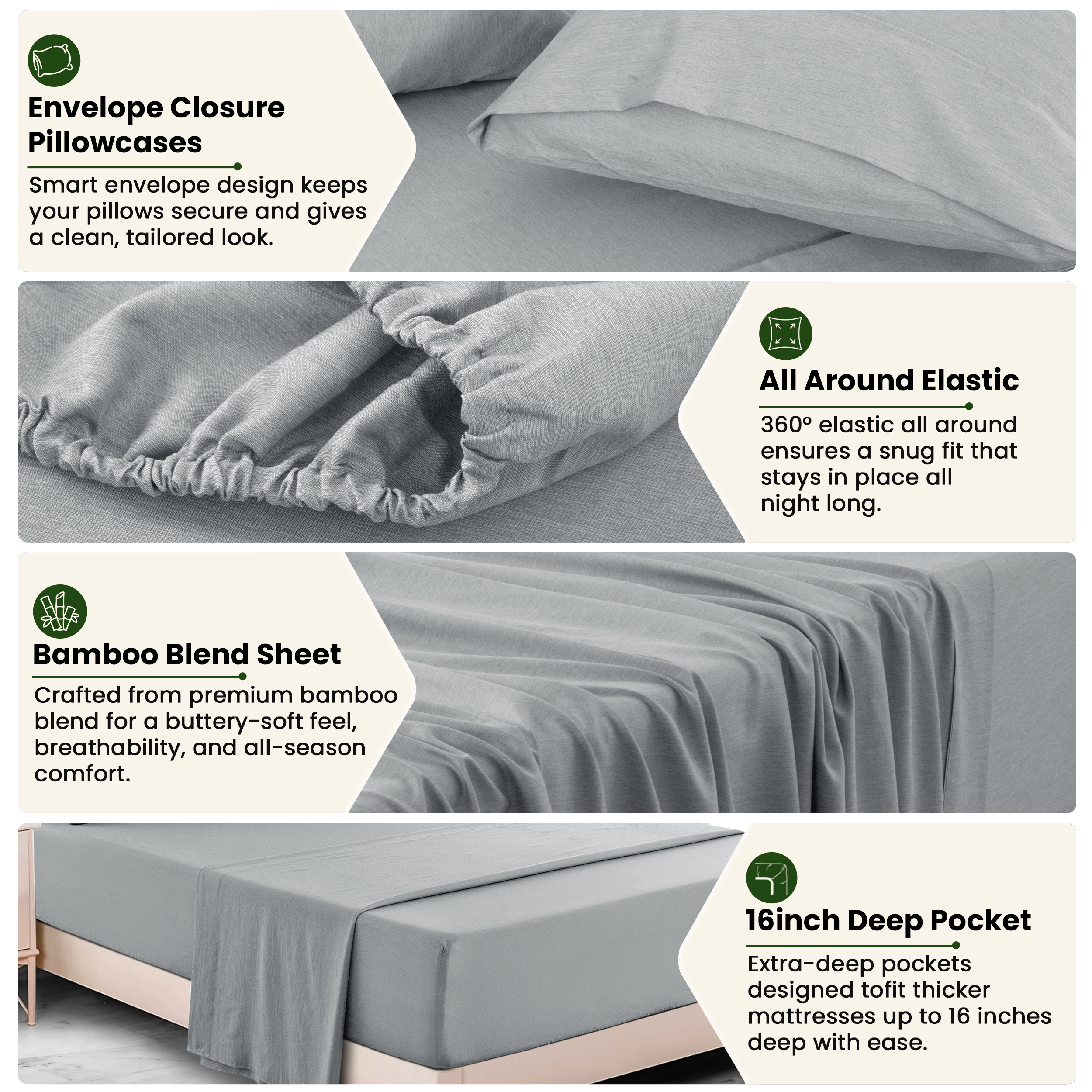 Lux Decor Rayon from Bamboo Blend Queen Sheet Set, Gray photo 4