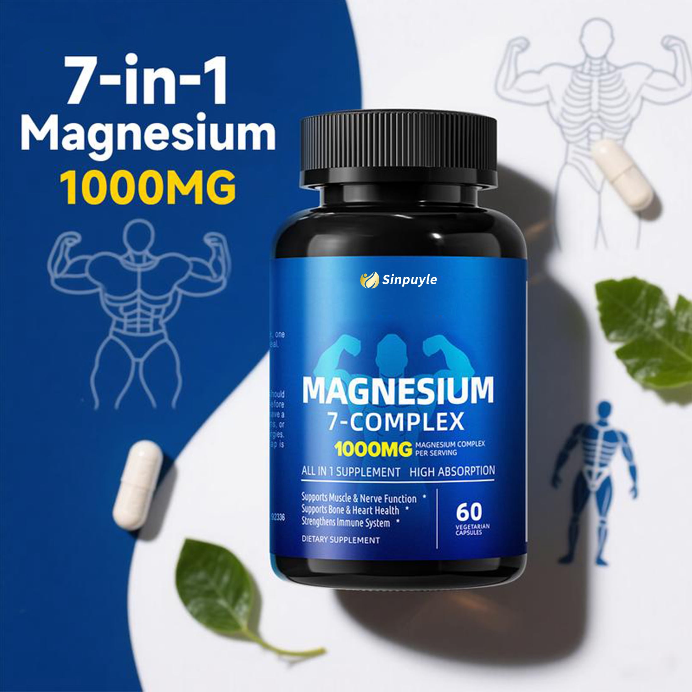 Magnesium 7-Complex 1000mg, High Absorption 7-in-1 Magnesium Supplement, Supports Muscle & Nerve Function, Bone & Heart Health, 60 Vegetarian Capsules