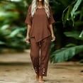 thumbnail image 2 of PRINxy Women All Match Linen Texture Two Piece Outfit Summer Crew Neck Short Sleeve Top Loose Wide Leg Pants Ladies Outdoor Leisure Daily Wear Suit Coffee XL, 2 of 7