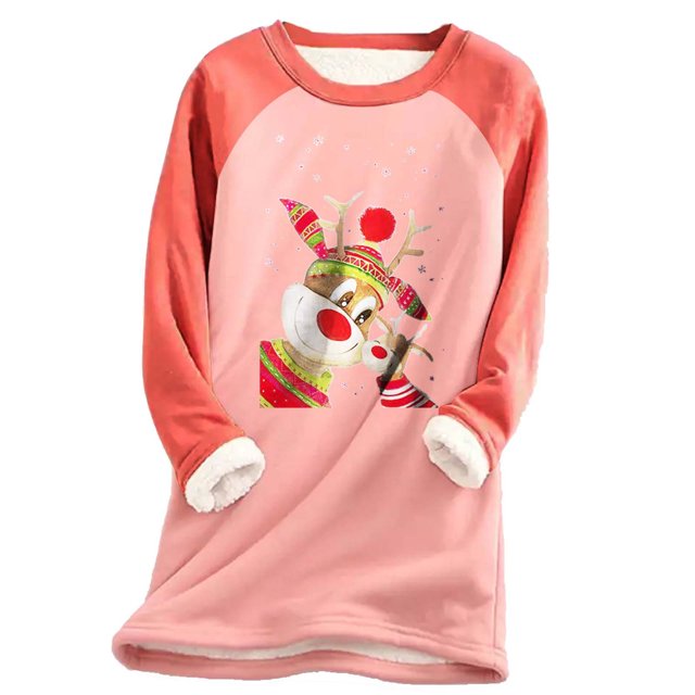 Vêtements d'Automne pour Femmes 2023 Tendance Col Rond Imprimé de Noël Léopard Patchwork Velours Chaud Manches Longues Hauts Tenues Décontractées pour Femmes en Solde