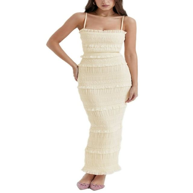 Robe Maxi Moulante Femme Été Plissée avec Dentelle Longue Robe à Bretelles Spaghetti Y2K Robe de Cocktail à Étages