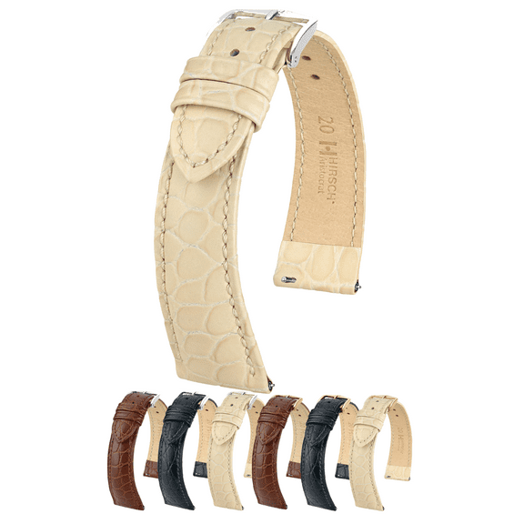 Hirsch Aristocrat Embossed Leather Watch Strap - Beige - L - 18mm - Silver Buckle