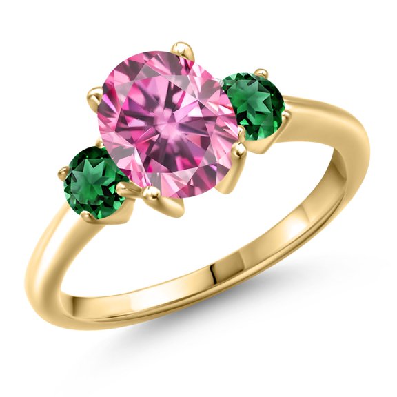 Gem Stone King 18K Yellow Gold Plated Silver Pink Moissanite and Green Nano Emerald Engagement Ring for Women | 2.60 Cttw | Oval 9X7MM | Gemstone Birthstone | Size 7
