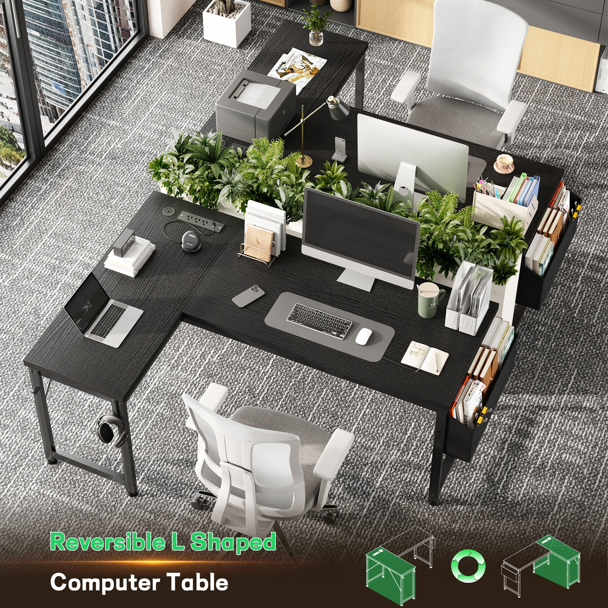 EnHomee Gaming Desk with Storage Computer Desk with LED Lights Reversible Office Desk with Storage Organizer, Black