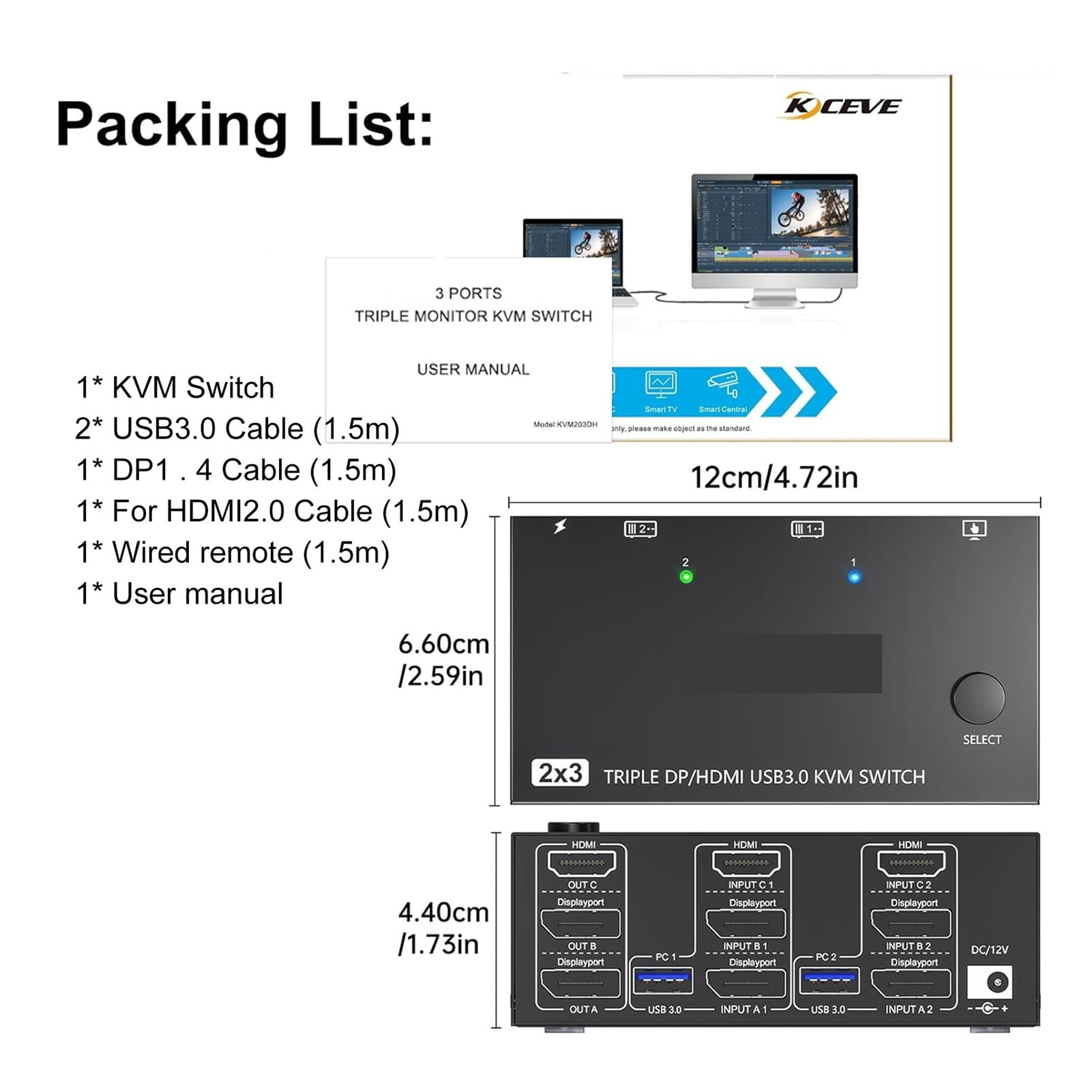USB 3.0 KVM Switcher 2 Input 3 Output 3 Monitors 2 Computers Switch Support 8K@30Hz 4K@144Hz USB 3.0 Displayport For 2 PC Share