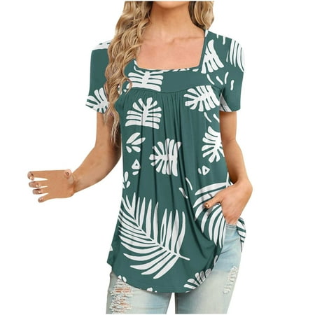 Square Neck Tops for Women, Womens Tops Dressy Casual 2023 Womens Tops Casual Short Sleeve Tshirts Loose Casual Blouse Summer Tee Blouse Deal Of The Day Lightning Deals