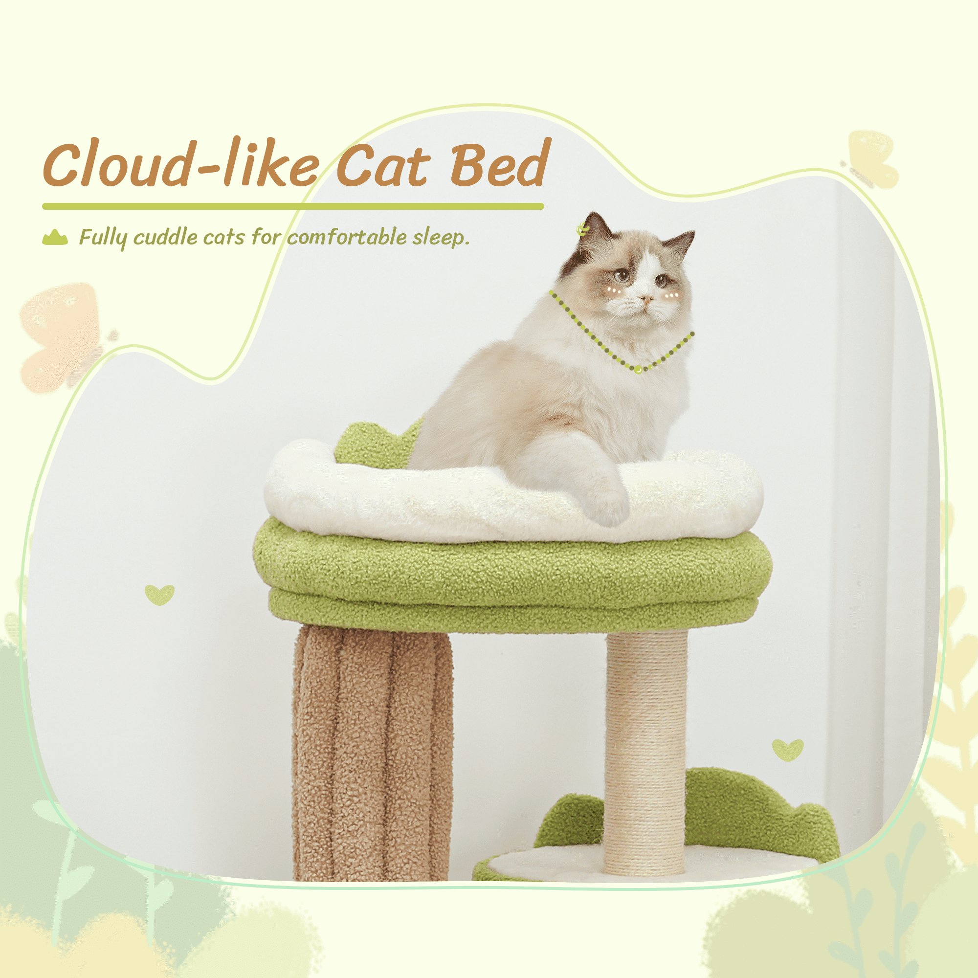 LHBCraft 42.5" Green Cat Tree with Aesthetic,Teddy Fleece, Velcro Cat Condo, Unique Cat Furniture for Small Space