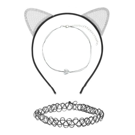 Wonder Nation Girls 3 PC Pearl and Rhinestone Cat Ear Headband and Choker Necklace Set, Black
