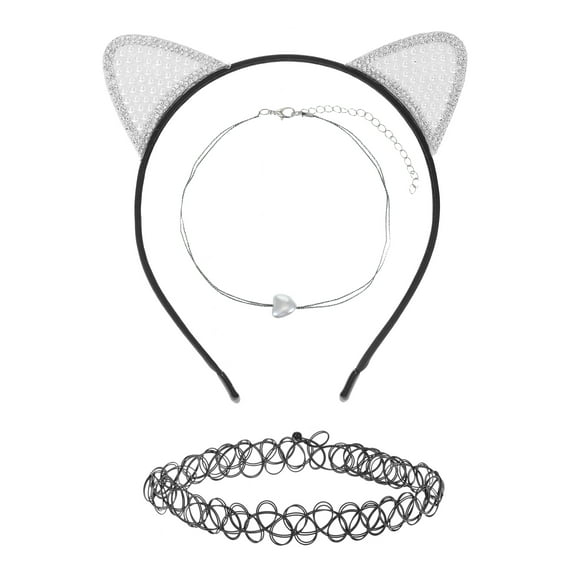 Wonder Nation Girls 3 PC Pearl and Rhinestone Cat Ear Headband and Choker Necklace Set, Black