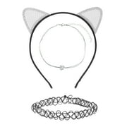 Wonder Nation Girls 3 PC Pearl and Rhinestone Cat Ear Headband and Choker Necklace Set, Black