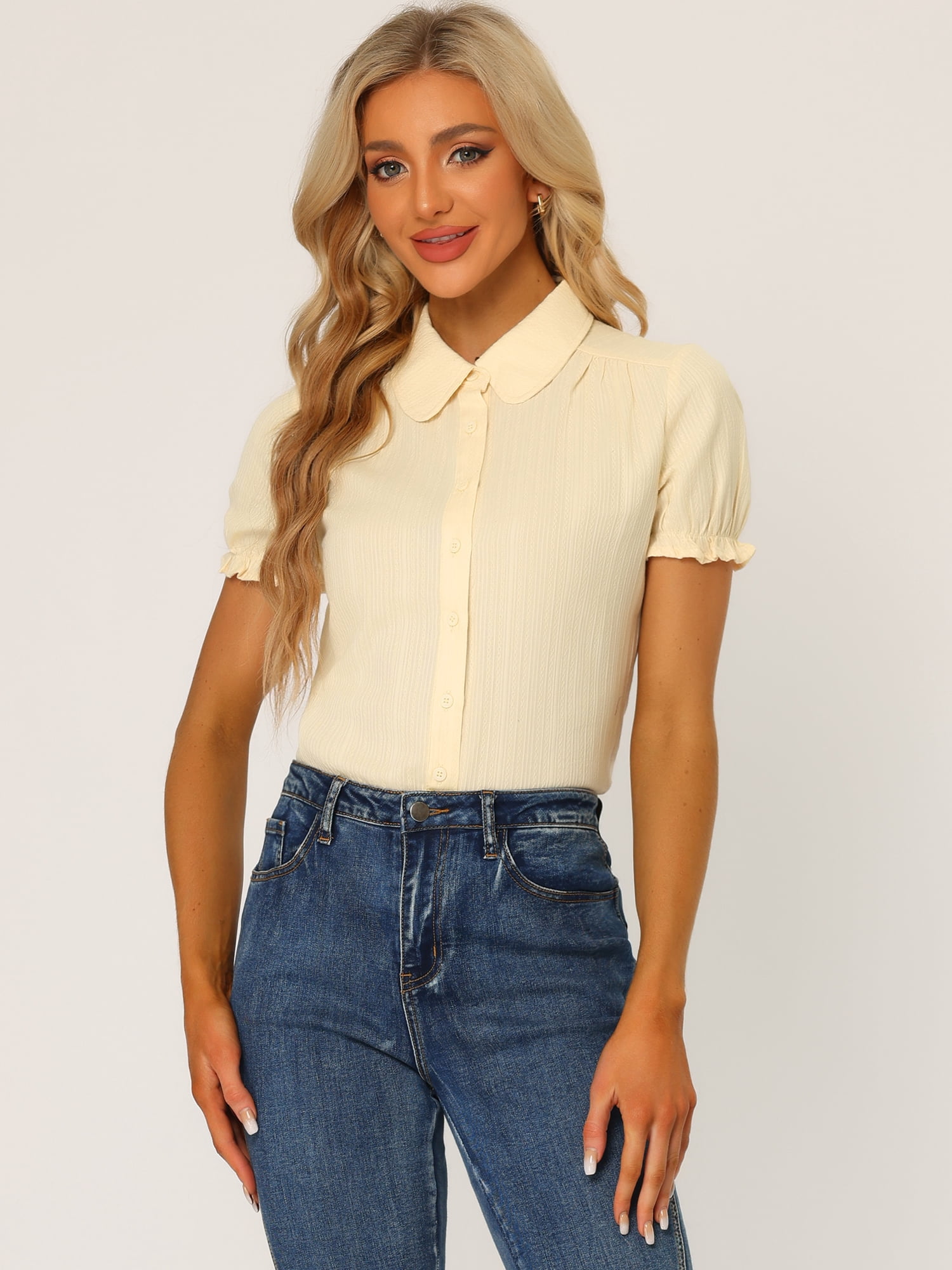 DARING DIVA Women's Cotton Frilled Peter Pan Collar Blouse M Beige