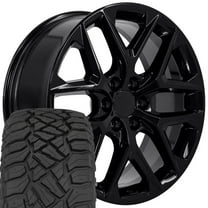 OE Wheels CV62 22 Inch Rims and Tires Fit Silverado 1500 Style 6x139.7 22x9 Gloss Black - Hollander 14078 - TerraMax RT 285/45-22 (Set of 4)