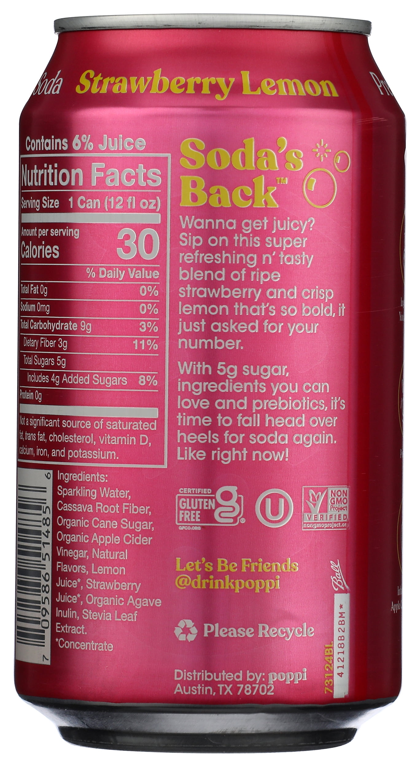 Pack of 12, Poppi Strawberry Lemon Prebiotic Soda, 12 fl oz