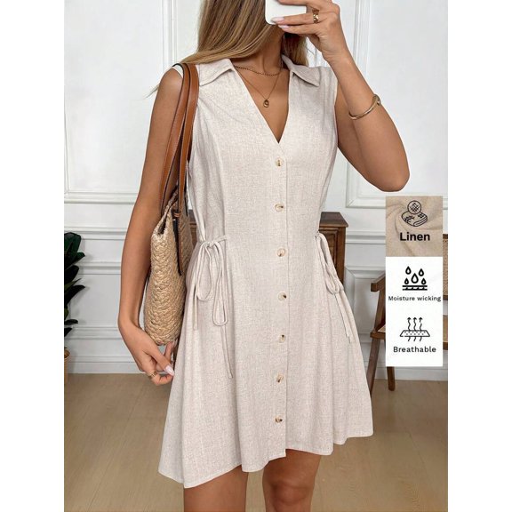 Apricot Sleeveless Waist Cinched Mini Dress, Linen Button Up Dress for Women Summer Casual Vacation Boho Dress Beige