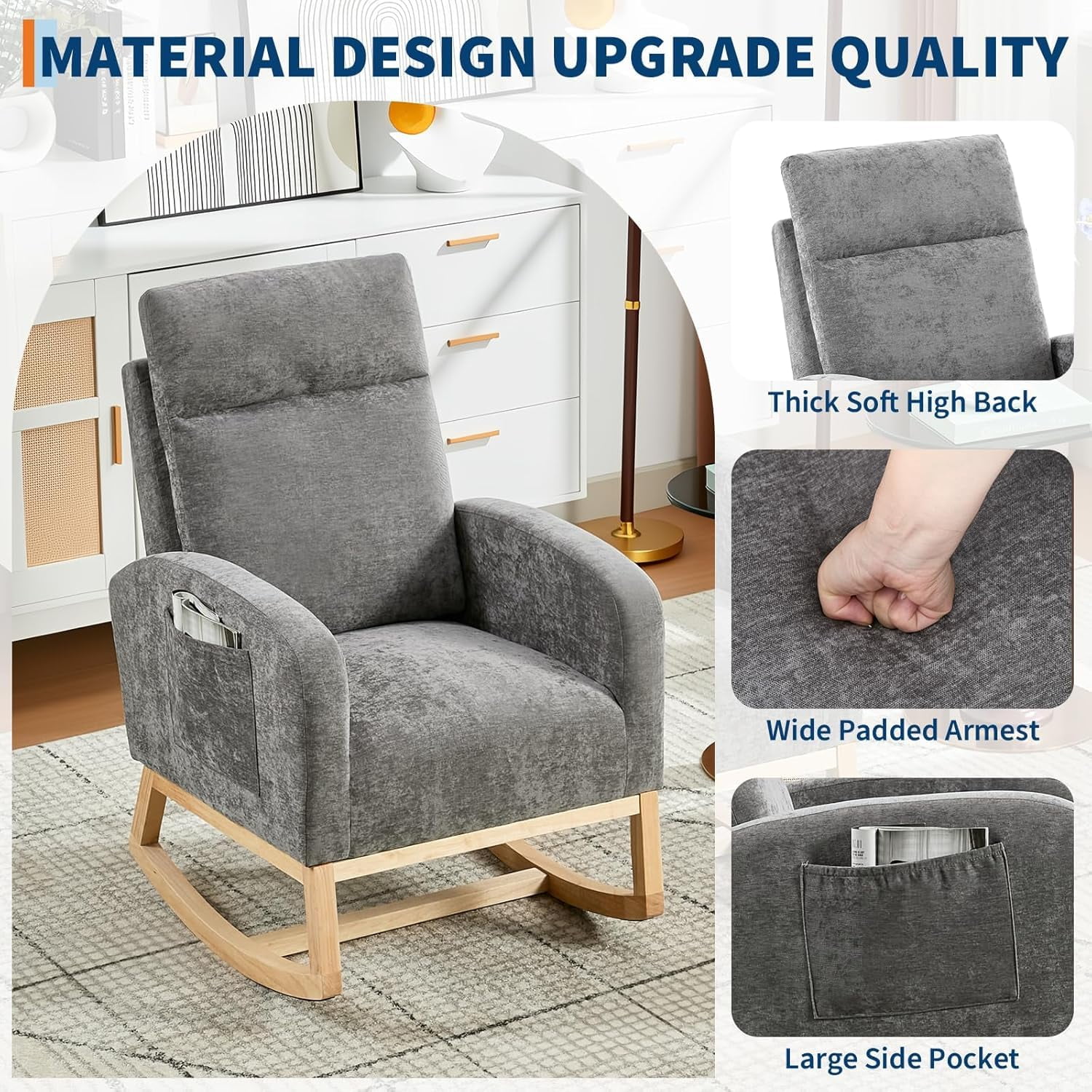 Nursery Glider Rocking Chair with Side Pocket - High Back Rocking Armchair with Rubber Wood Legs, Accent Chair for Living Room, Bedroom, Nursing Room, Nursery
