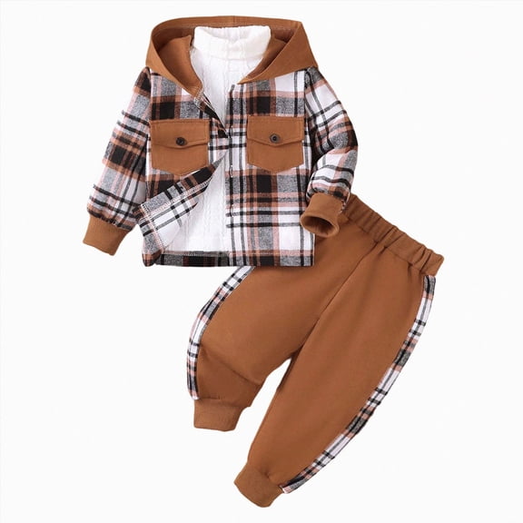 Toddler Baby Boy Clothes Fall Winter Outfit, Boys Clothes 2T 3T 4T 2Pcs Baby Boys Outfits Plaid Hooded Toddler Boys Top Pants Set Autumn Winter Home Wear Baby's Clothing Set,Brown,9-12 Months