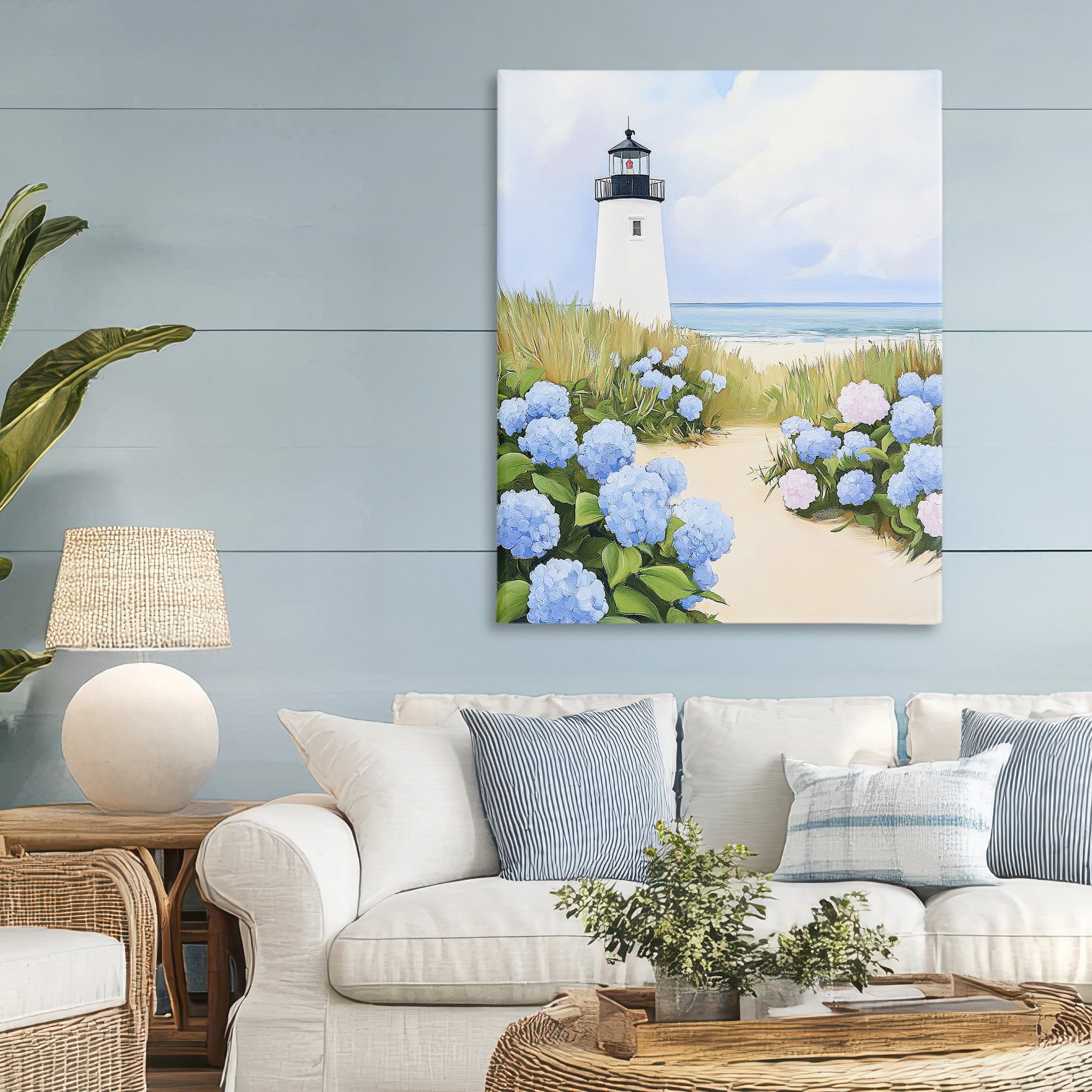 Stupell Industries Hydrangea Path Leading to Lighthouse Canvas Wall Art, design by Sisi and Seb