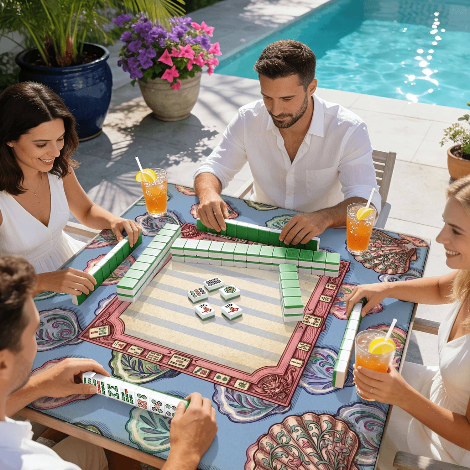 Mahjong Mat 31.5" x 31.5" Vintage Shell Floral Elegant Non-Slip Noise Reduction American Mahjong Tiles Table Cover for Dominoes Poker Card Board Games Gift