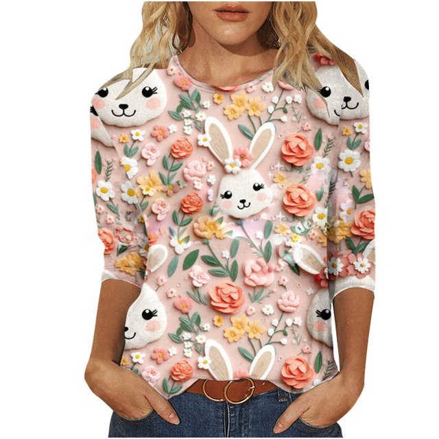 RKSTN Hauts pour Femmes Mode Décontractée Mignon Lapin de Pâques Imprimé Manches 3/4 Col Rond Hauts Printemps Été Imprimé 3D Chandail Froncé Blouse Hauts