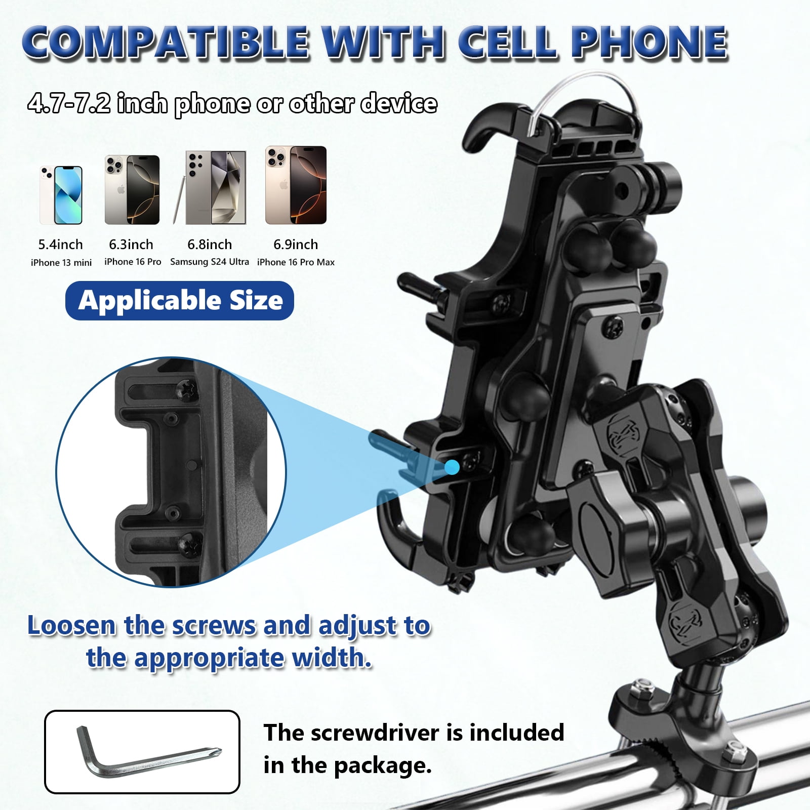 KALCINTY Motorcycle Bike Phone Mount Holder with Vibration Dampener, Bike Handlebar Phone Mount, Fit for 4.7-7.2'' Smartphone, for Motorcycle, Bicycle and Scooter