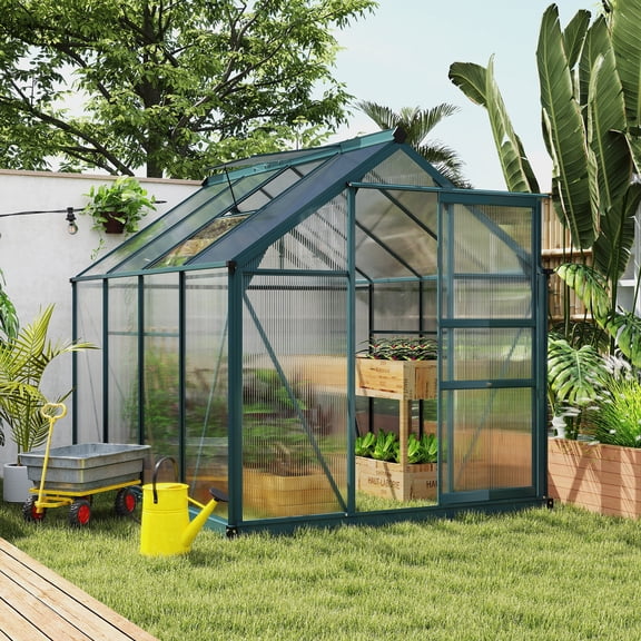 Beyamis Green House Outdoor Greenhouse - 6 x 8", Rain Gutter & Roof Vent, Dark Green, Weather-Resistant for Patio/Backyard