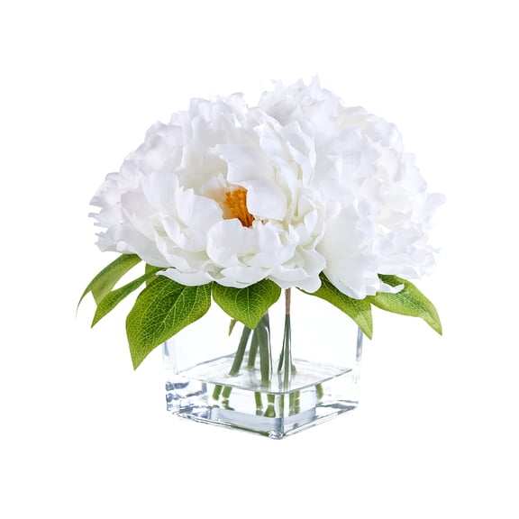 DR.Planzen 8.4in Artificial Peony Flowers, Fake Flowers with Vase, Faux Peony Flowers, White Artificial Flowers - Glass Vase Faux Water Arrangement - Table Centerpiece for Home Decor