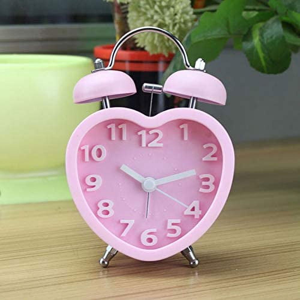 MetalM - Students Seniors 3in Twin Bell Loud Alarm Clock Silent Analog Quartz Nightlight Clock Battery Operated for Heavy Sleepers Heart Shape Pink