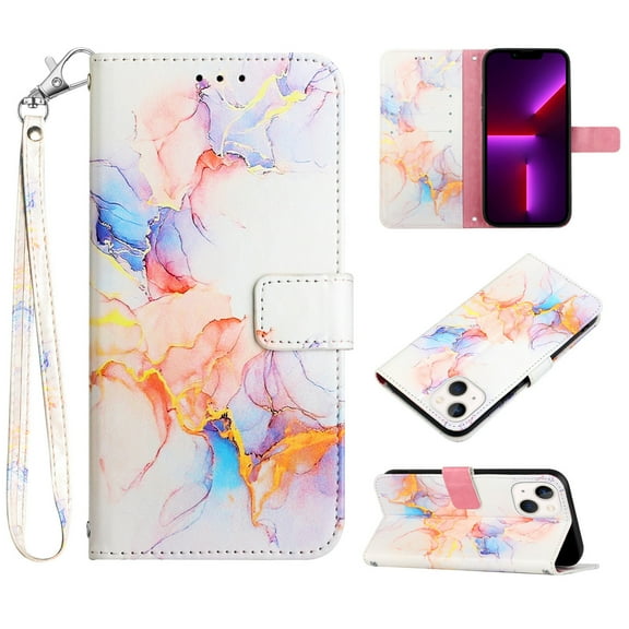 Feishell Fit for Apple iPhone 15 Plus Wallet Case with Wrist Strap,Stylish Marble Pattern Premium PU Leather Folio Flip Credit Card Slots Kickstand Shockproof Protective Phone Cover,D