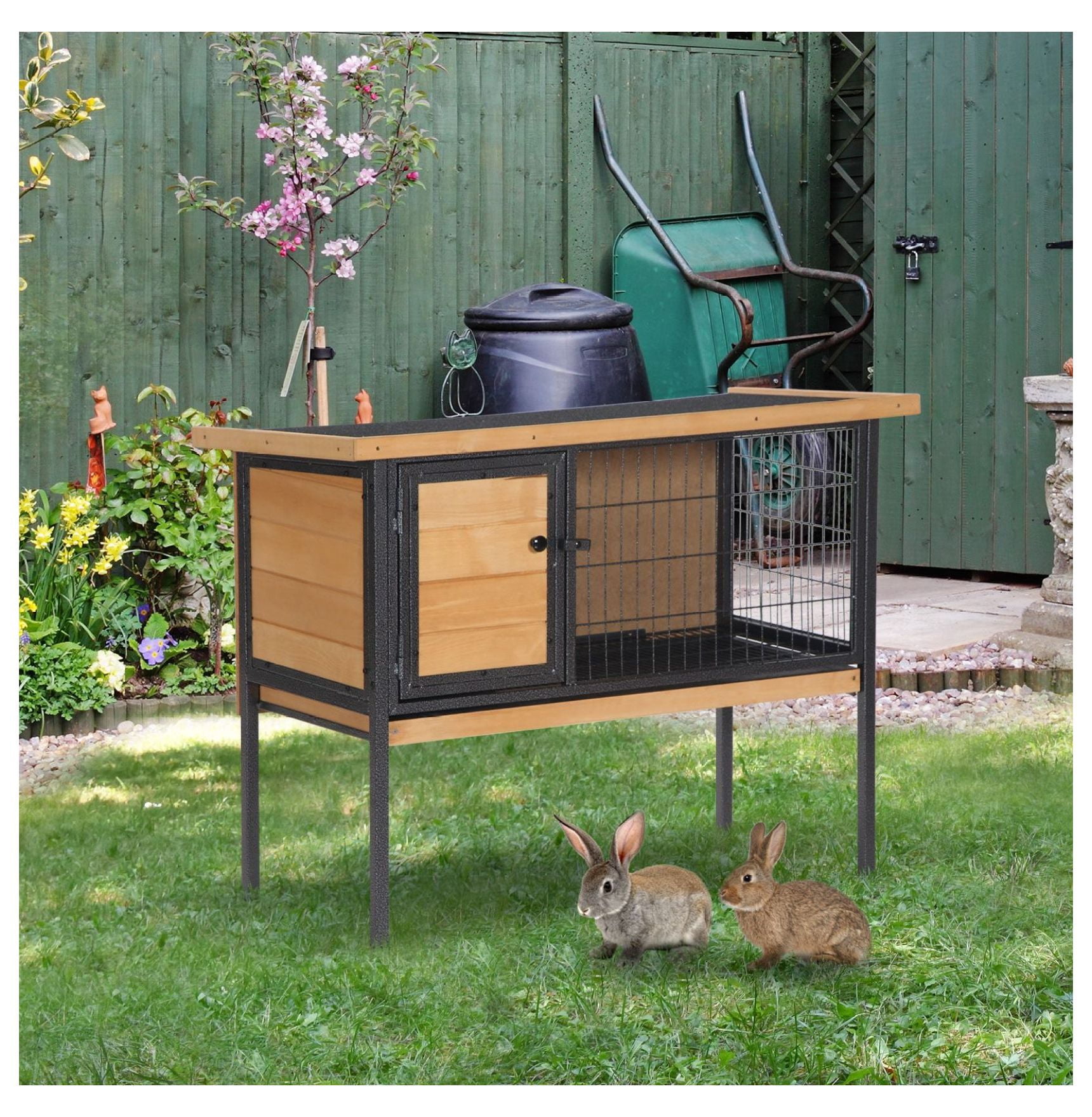 Elevated Outdoor Rabbit Hutch Wooden Pet House Bunny Cage with Removable Tray 36L x 17.75W x 27.5H Natural