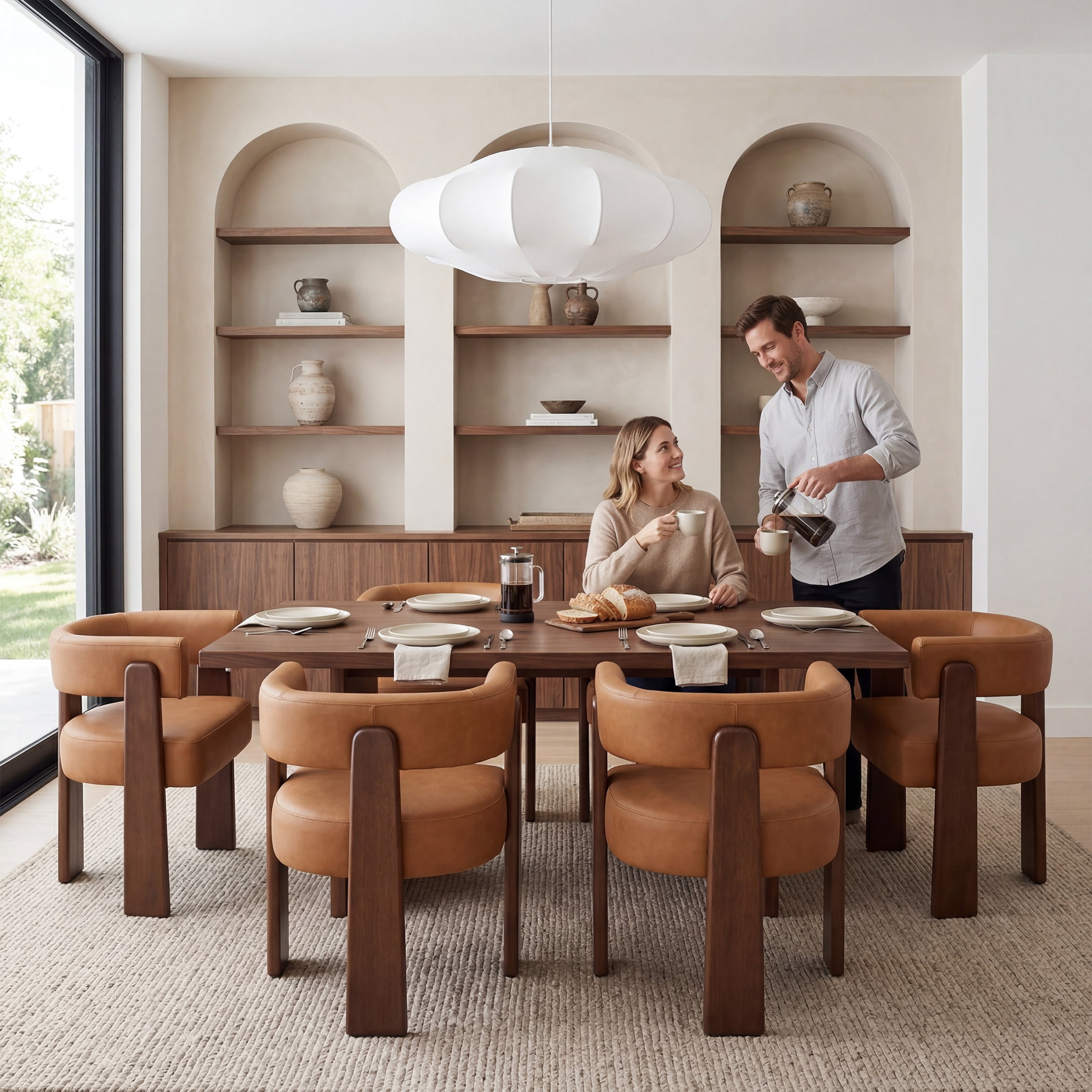Guyou Barrel Dining Chairs Set of 6, Modern PU Upholstered Dining Room Chairs with Curved Back, Farmhouse Wooden Accent Side Armchairs for Dining Room, Living Room, and Kitchen, Brown