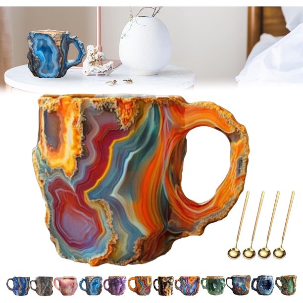 Tazas de café de cristal mineral, tazas de café de cristal mineral de resina, tazas de cristal mineral con asa, taza de café translúcida, taza de café de amatista, elegante regalo de resina para el