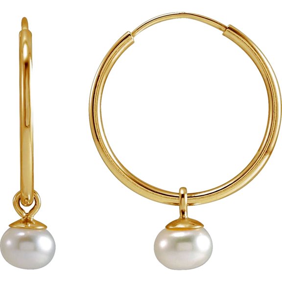 14k Yellow Gold Cultured Pearl 15mm Polished White Cultured Pearl Dangle Endless Hoop Earrings Hoop Earring for Women