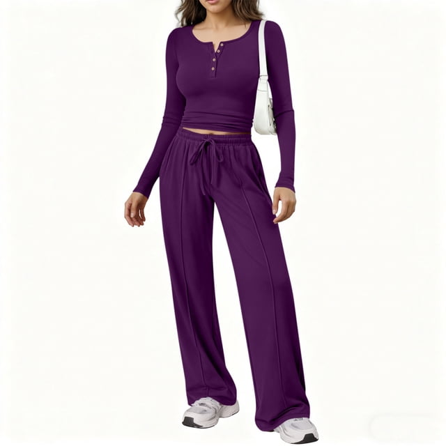 Karight Womens 2 Piece Sets Long Sleeve Slim Fit Crop Tops Wide Leg Pants Matching Lounge Set