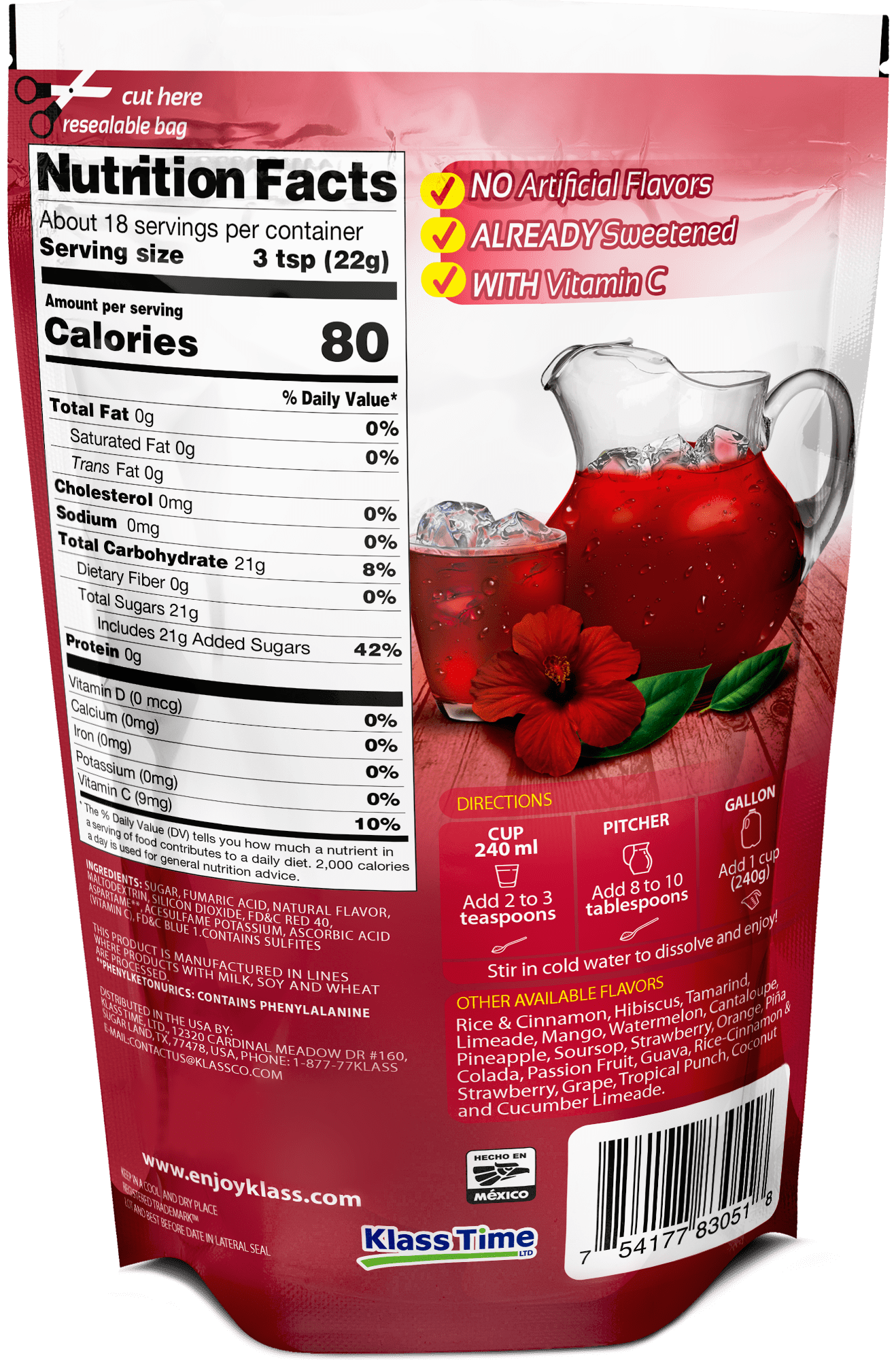 (6 pack) Klass Aguas Frescas Hibiscus, with Vitamin C, Multiserve, Powdered Drink Mix, 14.1oz