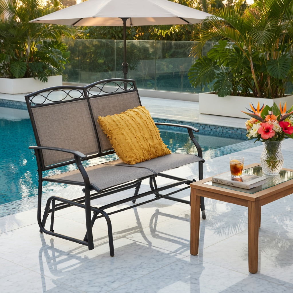 Hommoo Outdoor Gliding Loveseat with Tempered Glass Coffee Table Set, 2-Piece Patio Furniture for Backyard, Porch & Poolside, Metal Frame, Breathable Fabric Seating, Brown