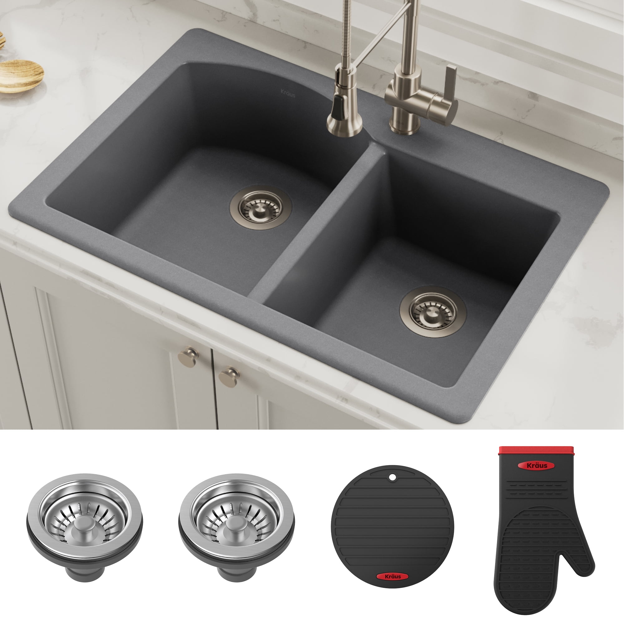 Photo 1 of KRAUS Forteza 33 Dual Mount 60/40 Double Bowl Granite Kitchen Sink in Grey