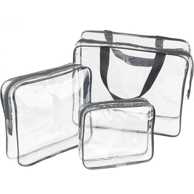 3 Pieces Large Clear Travel Bags for Toiletries, Waterproof Clear Plastic Cosmetic Makeup Bags, Transparent Packing Organizer Storage Bags (Black)