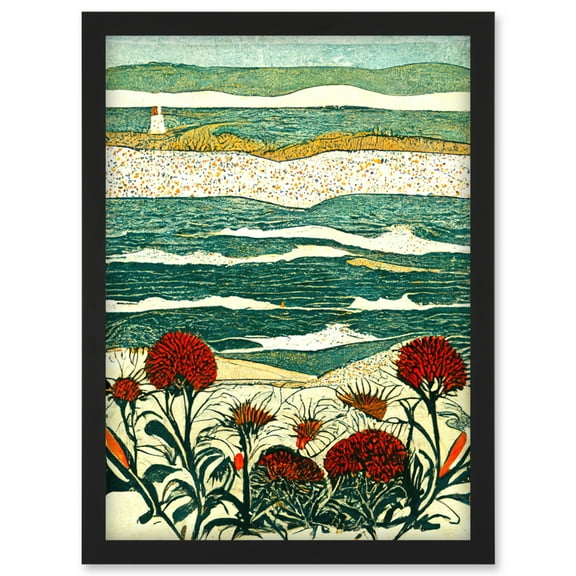 Floral Shoreline Coastal Landscape Summer Seaside Artwork Framed Wall Art Print A4