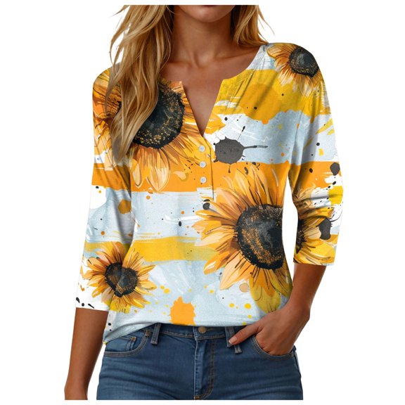Towmus Womens 3/4 Length Sleeve Cotton Tops Summer Casual Short Sleeve Button V Neck Shirts Basic Loose Tunic Tops Blouse