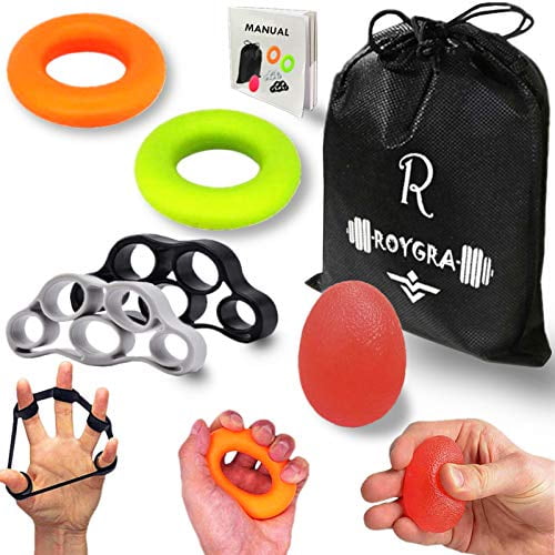 roygra Hand Grip Strengthener (5 Pack) Finger Exercise Exerciser Stretcher Resistance Bands Stress Relief Ball Forearm Squeeze Ring Strength Trainer (C - 5 Pack)