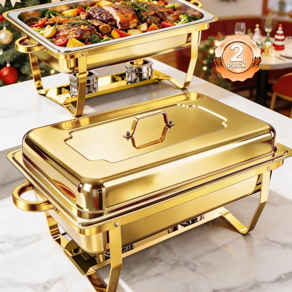 Dish Buffet Set 2 Pack, 9QT Stainless Steel Square Chafing Dishes with Full Gold Plating Rack, Buffet Servers and Food Warmers for Catering, Parties, Weddings, Camping and Dinner Events