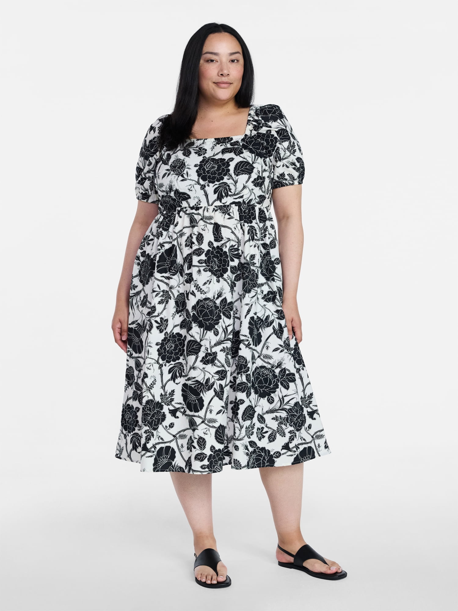 Time and Tru Women's and Women's Plus Cotton Back Tie Midi Dress with Short Puff Sleeves, Sizes XS-4X