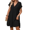thumbnail image 3 of Women'S Short Sleeve V Neck Ruffle Hem Solid Swing Smock Dress Black XL, 3 of 9