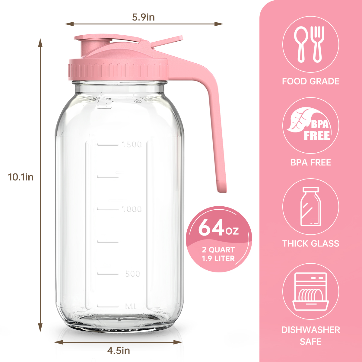 GPED 64oz Glass Mason Jar Pitcher with Lid, Pink photo 4