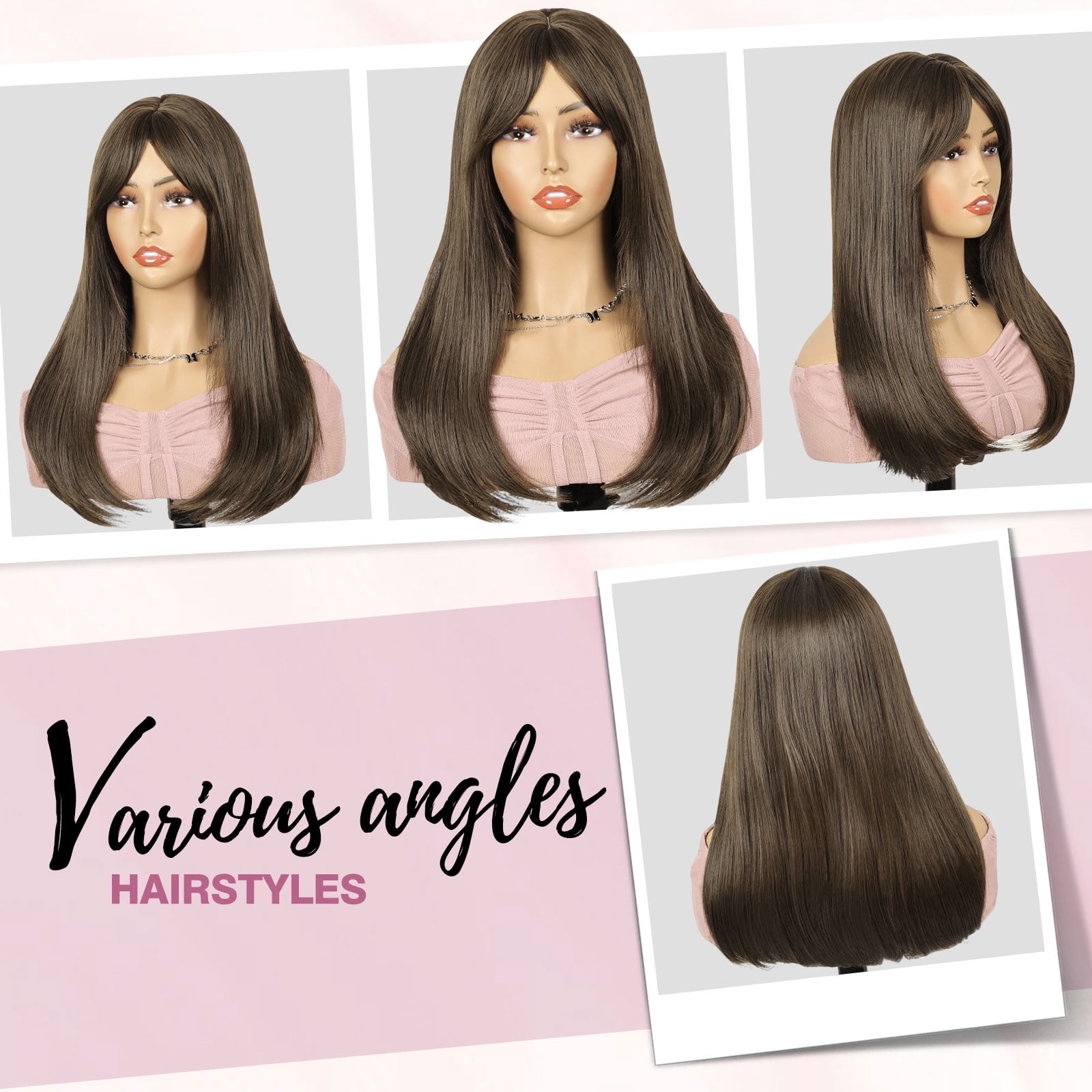 PHOCAS 20 Inch with Bangs Long Brown Wigs for Women Straight Long Bob Wig Synthetic Brown Hair Wigs Sandy Brown Glueless Wig Cap