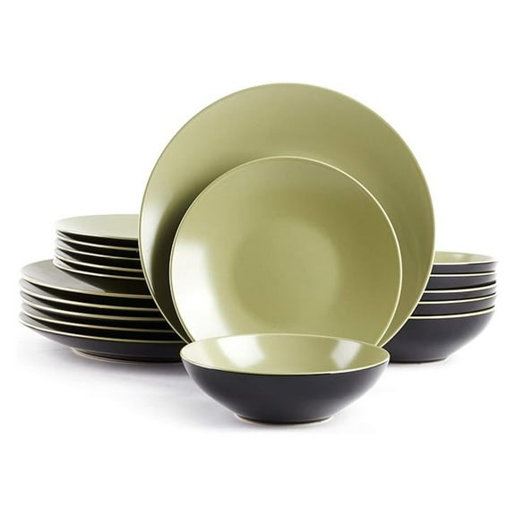 Stoneware Dinnerware Set 18pc - Two-Tone Olive & Black Coupe Shape - Dishwasher & Microwave Safe - Service for 6
